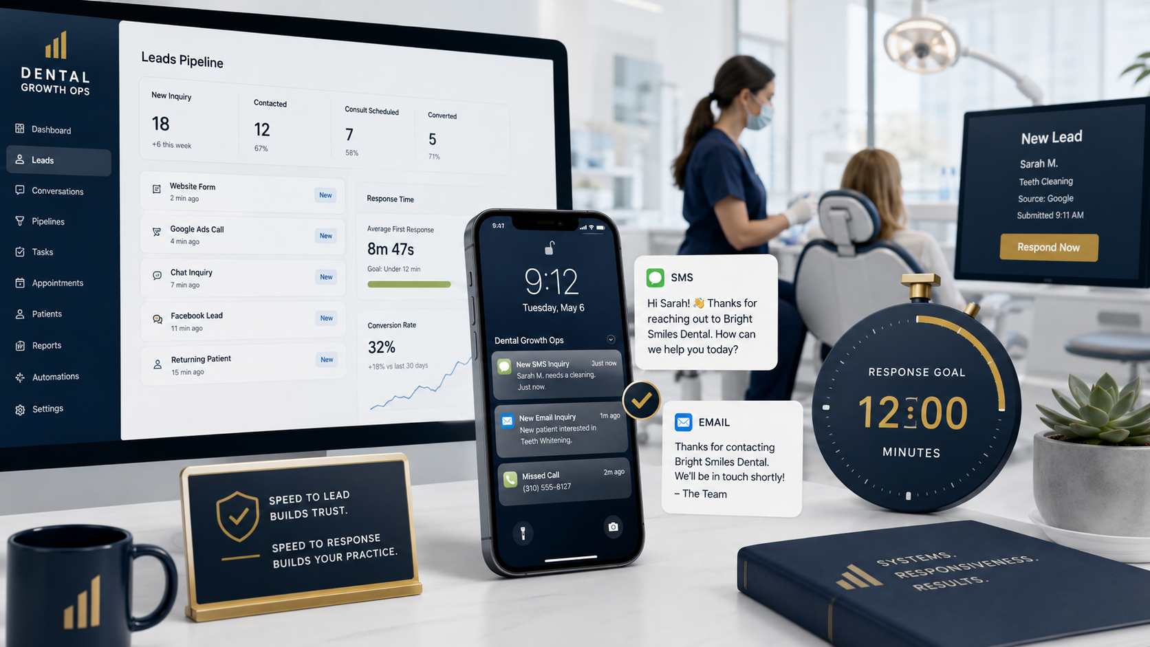 CRM automation system showing dental practice lead response time and follow-up sequence