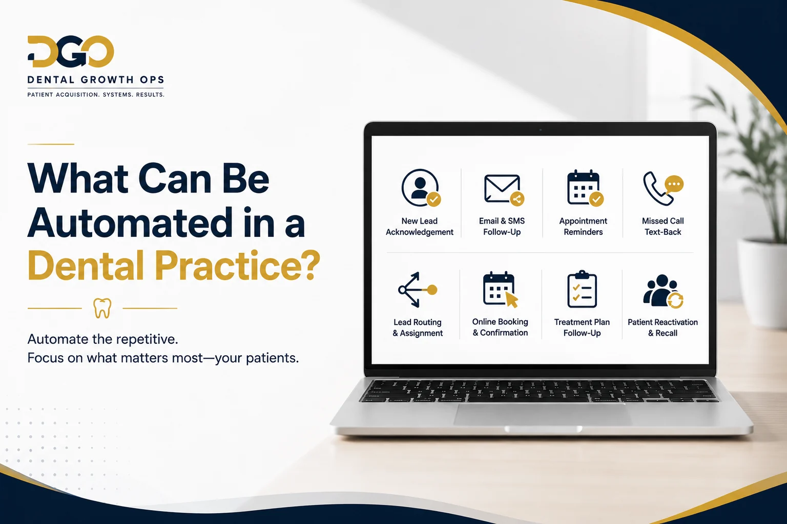 What can be automated in a dental practice, shown as eight workflows on a laptop screen: new lead acknowledgement, email and SMS follow-up, appointment reminders, missed call text-back, lead routing and assignment, online booking and confirmation, treatment plan follow-up, and patient reactivation and recall