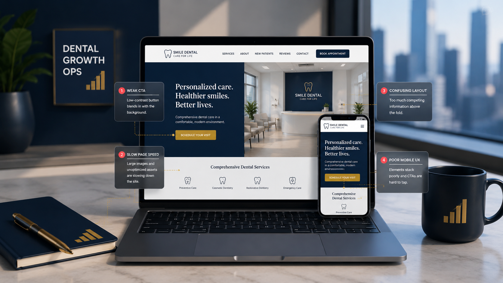 Dental website conversion rate audit showing common mistakes on mobile and desktop