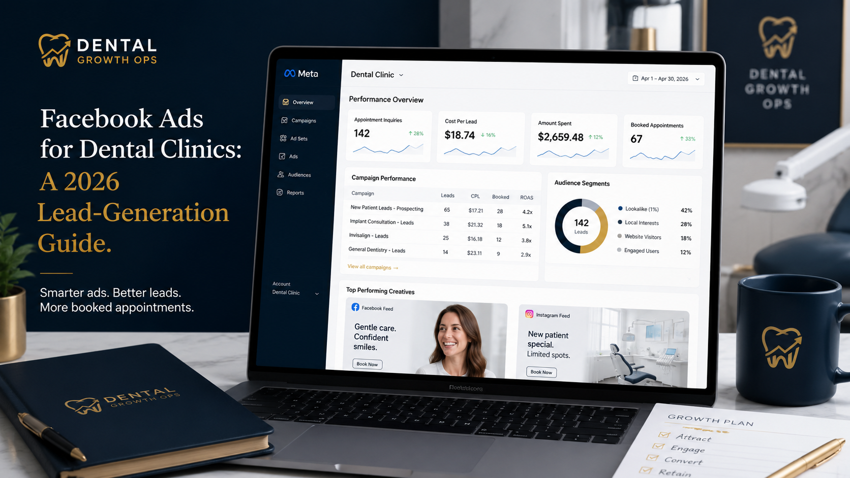Facebook and Instagram Meta Ads campaign manager showing dental clinic lead generation results